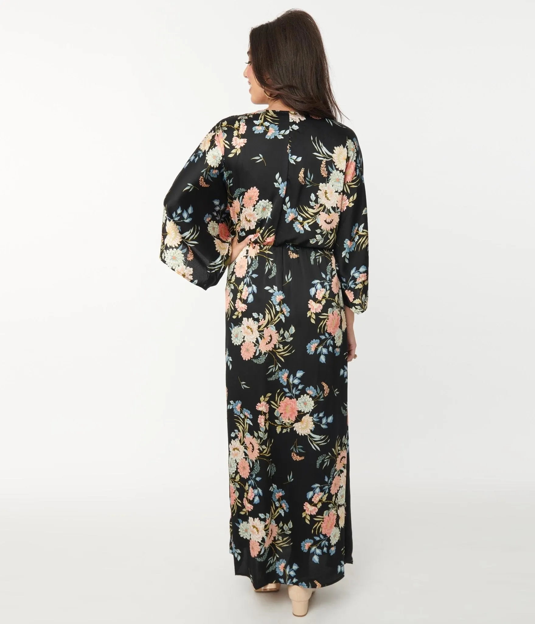 1970s Black & Blue Floral Maxi Wrap Dress