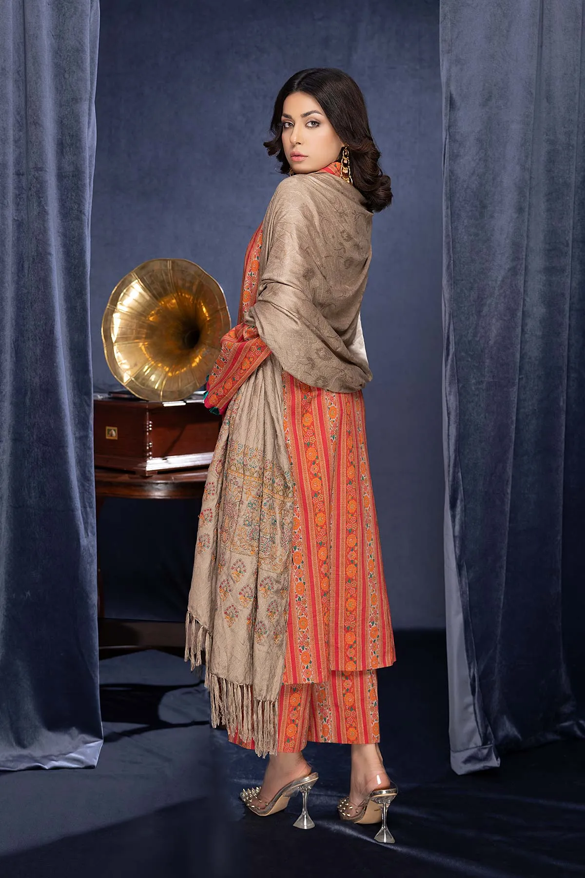 3-Pc Digital Printed Viscose Long Shirt With Pashmina Shawl and Straight Trouser CNP22-125