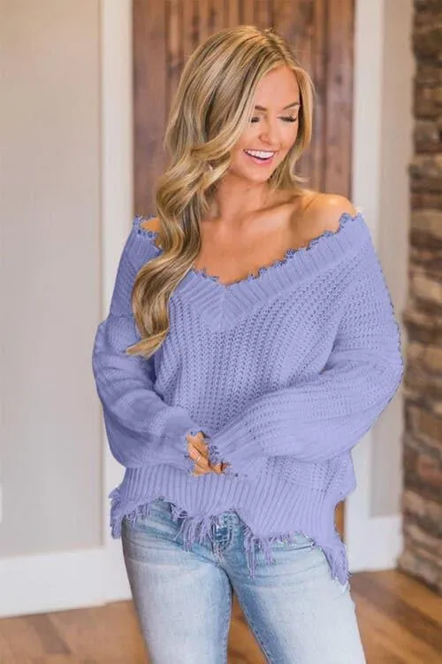 Amelia Frayed Hem Dropped Shoulder Sweater