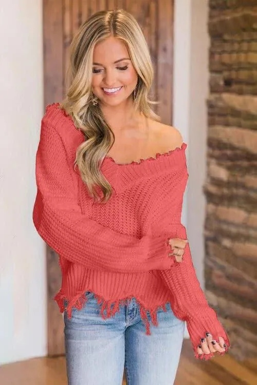 Amelia Frayed Hem Dropped Shoulder Sweater