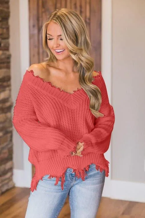 Amelia Frayed Hem Dropped Shoulder Sweater