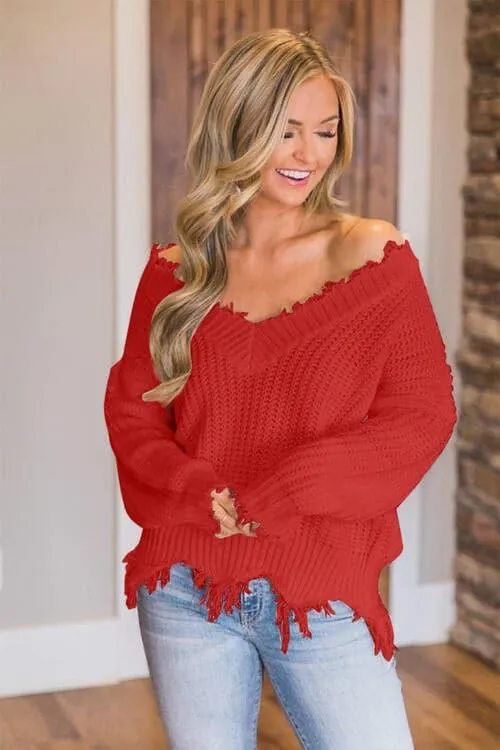 Amelia Frayed Hem Dropped Shoulder Sweater