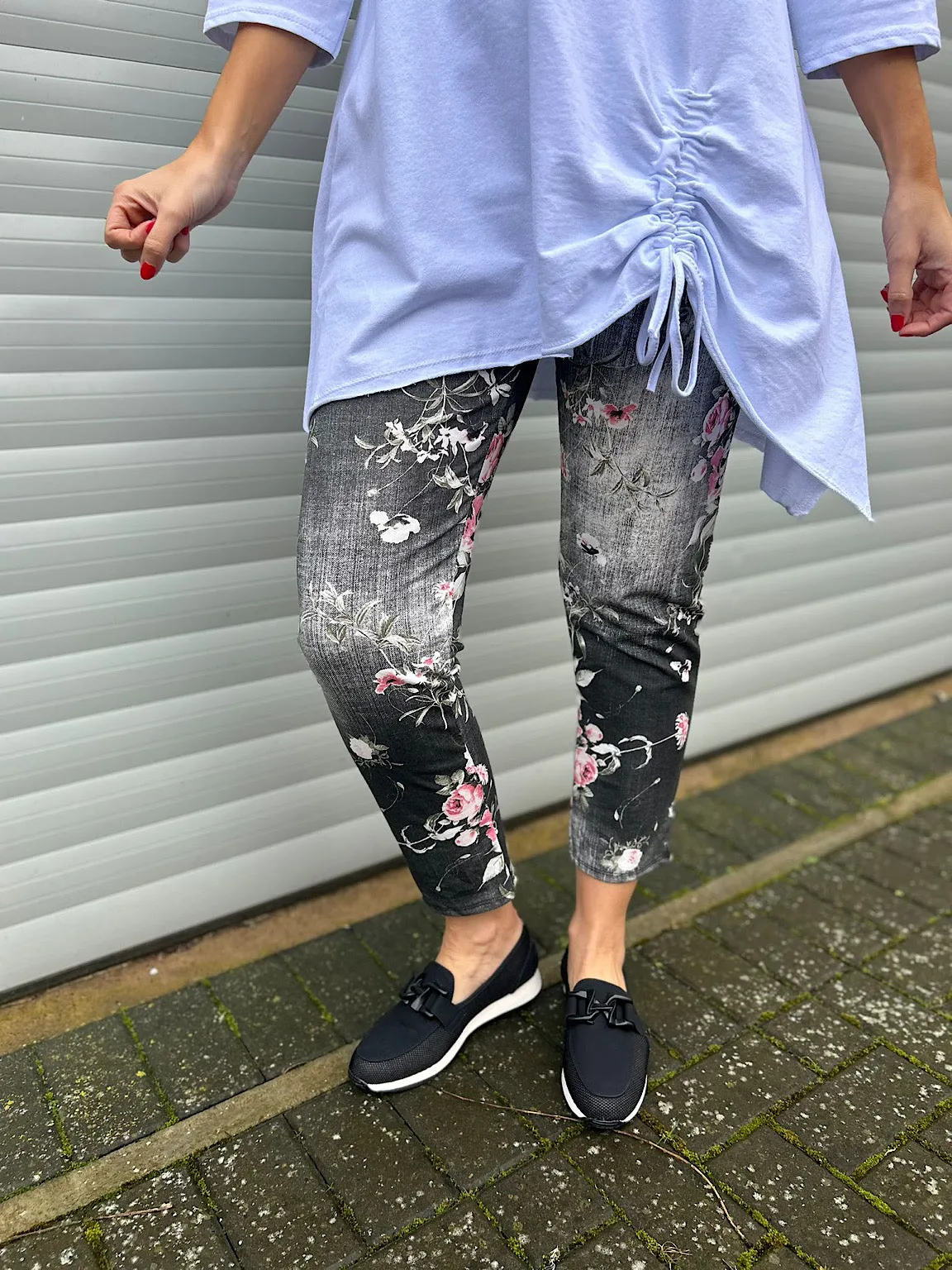 Black Denim Printed Floral Joggers India