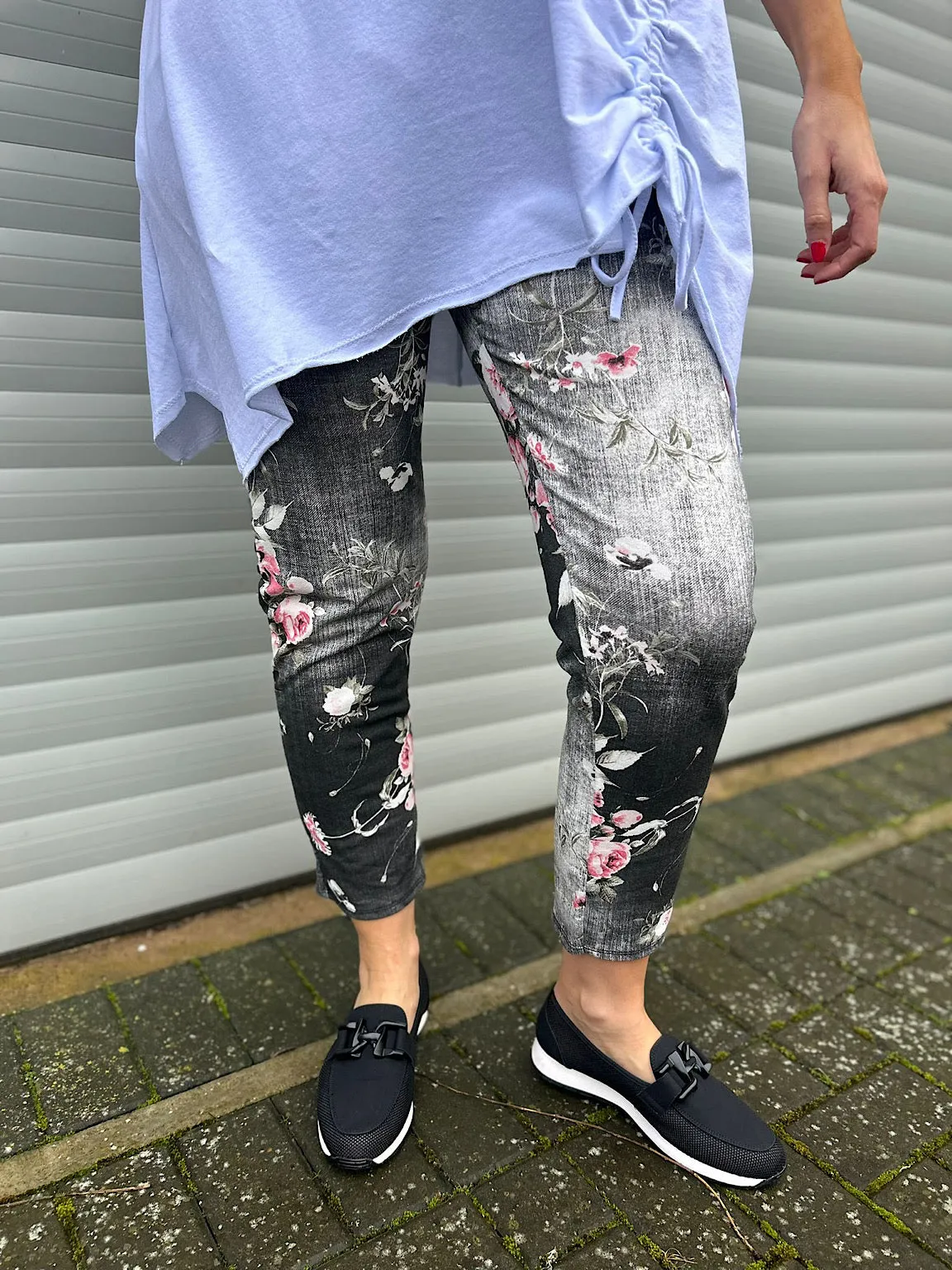 Black Denim Printed Floral Joggers India