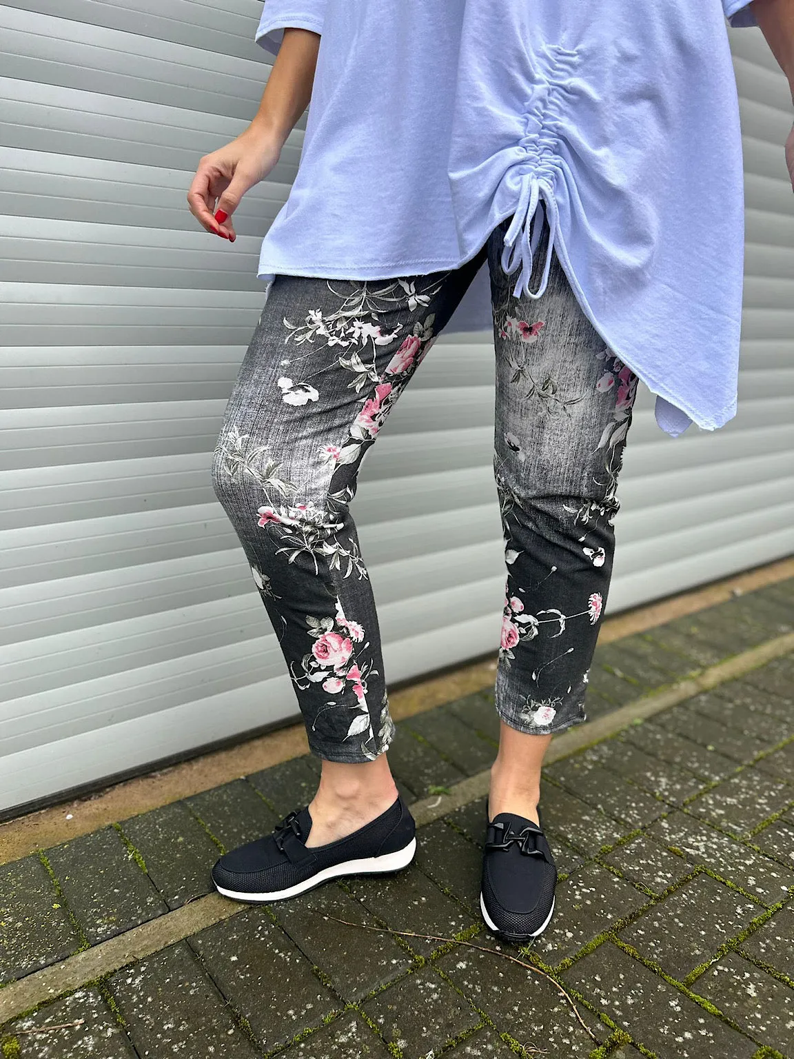 Black Denim Printed Floral Joggers India