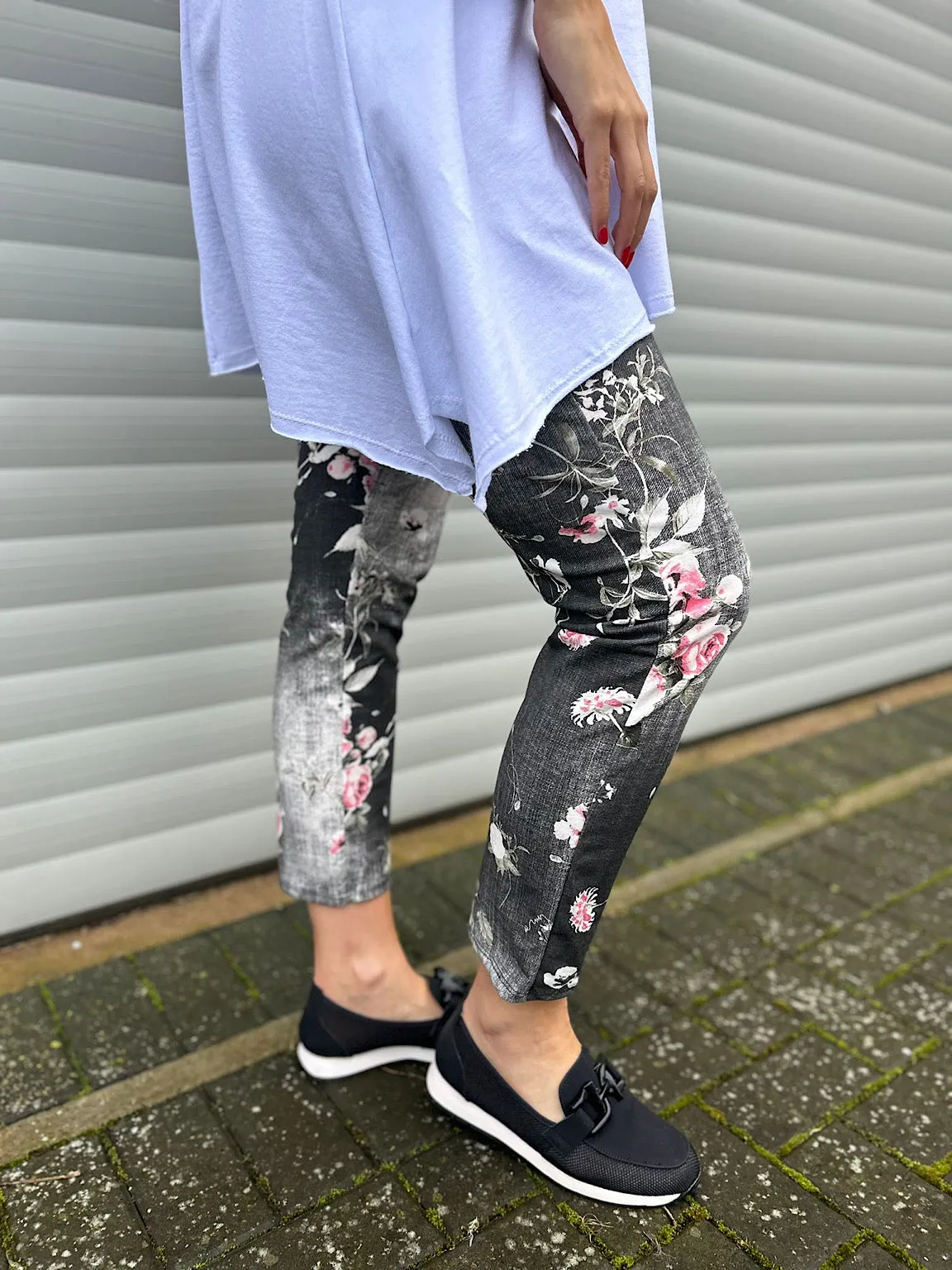 Black Denim Printed Floral Joggers India