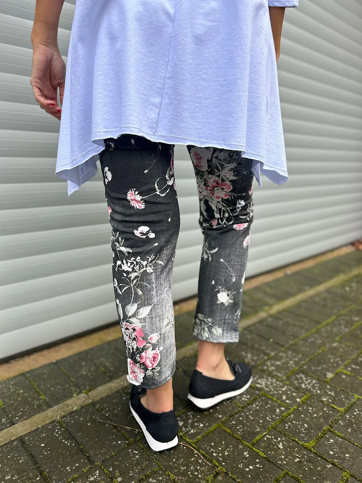 Black Denim Printed Floral Joggers India