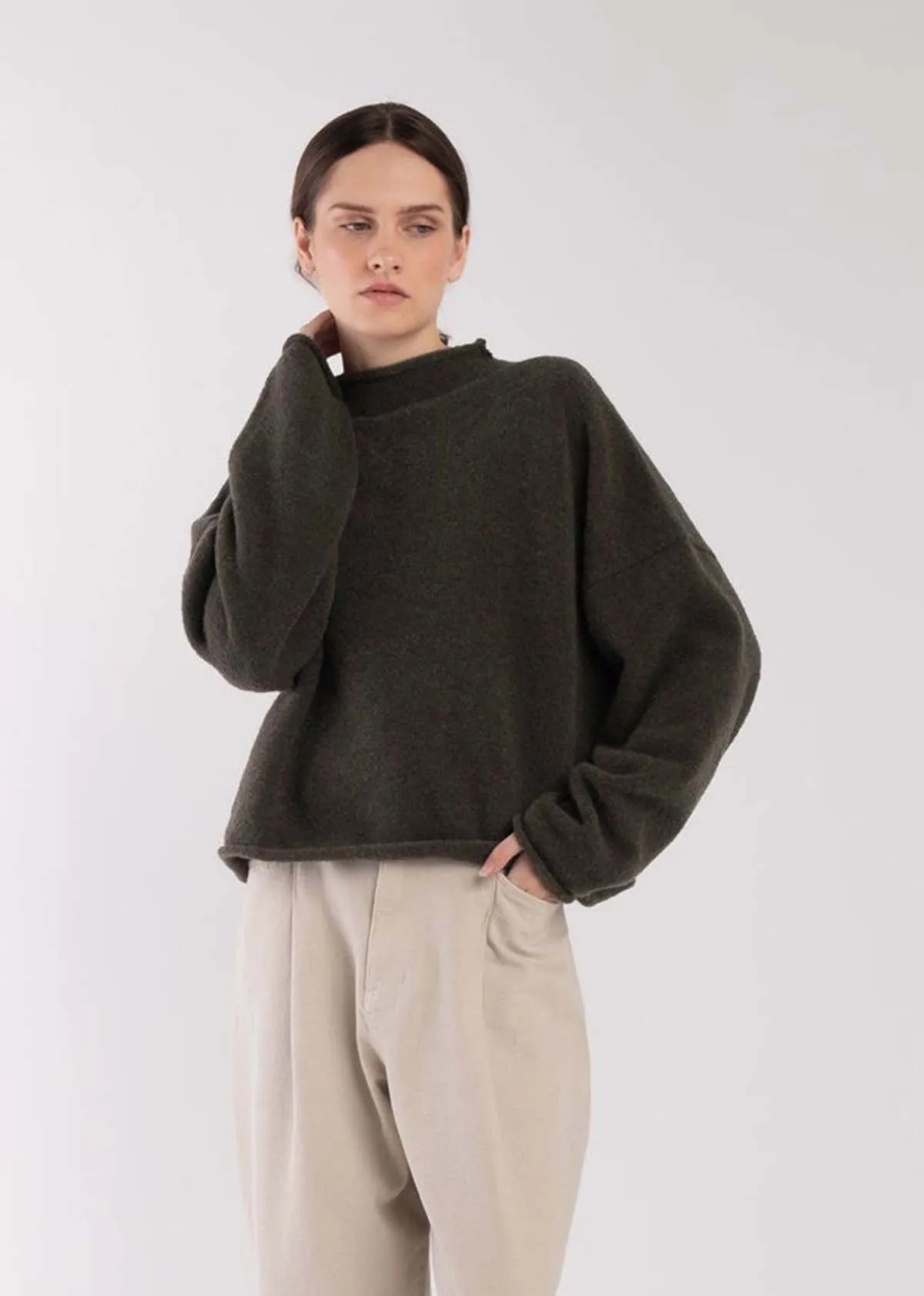 Boucle Rolled Sweater - Olive