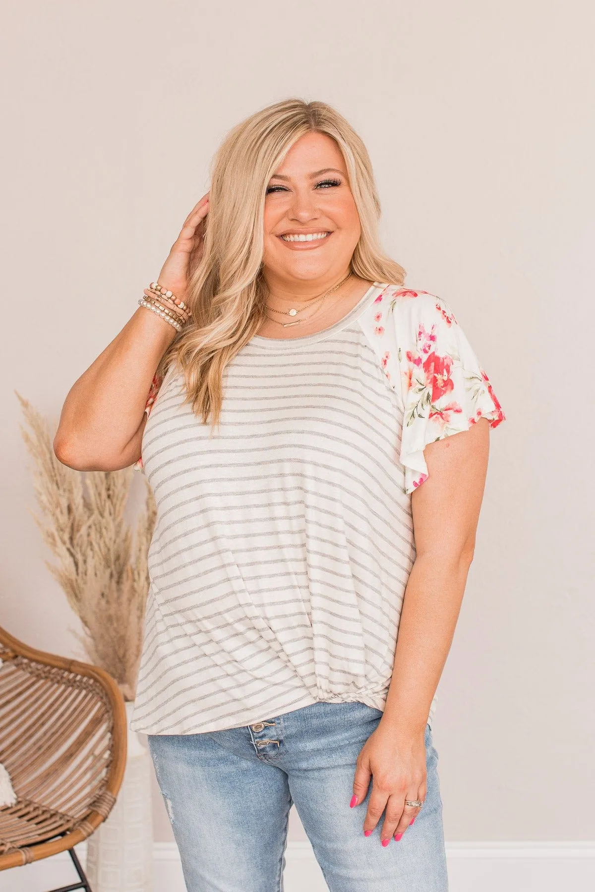 Complete The Look Striped Floral Top- Ivory