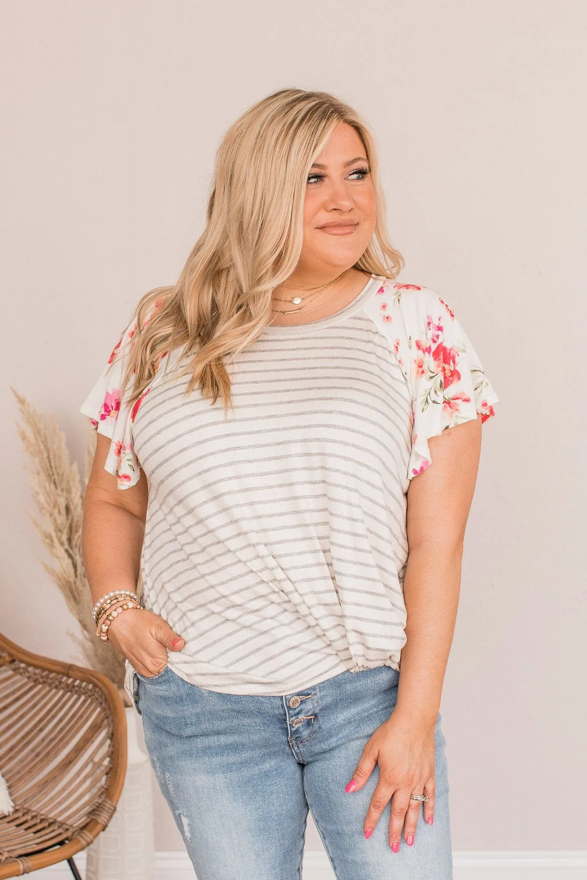 Complete The Look Striped Floral Top- Ivory