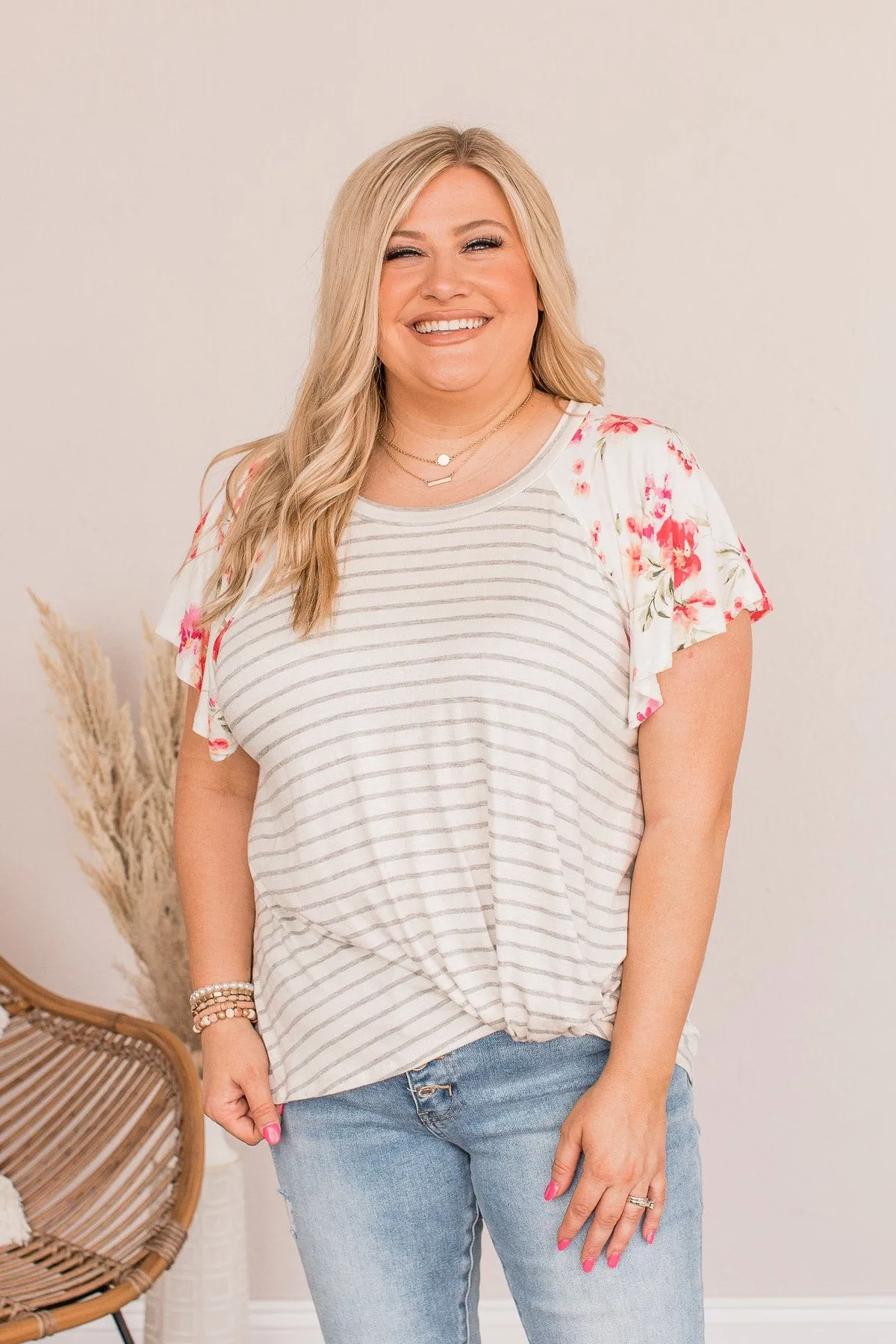 Complete The Look Striped Floral Top- Ivory