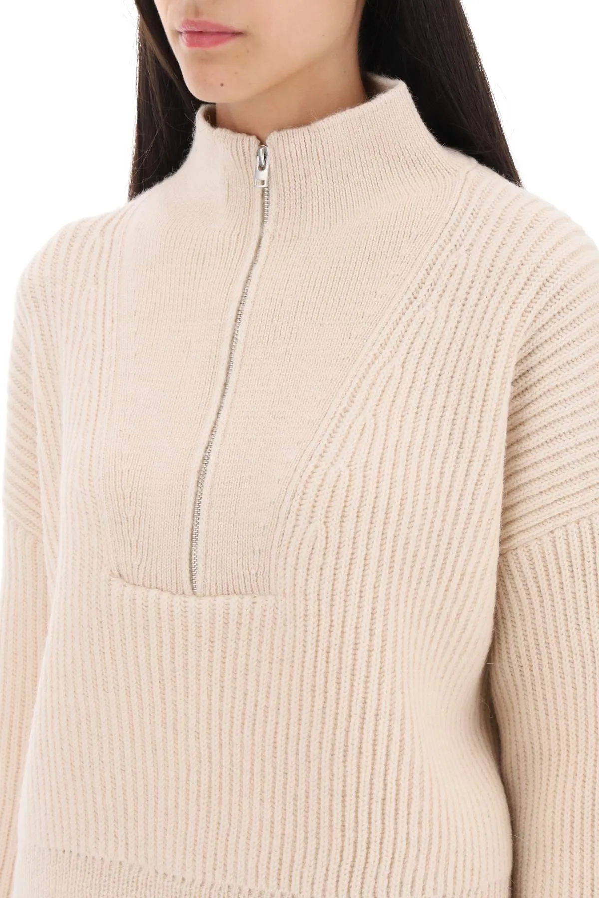 Cropped Sweater With Partial Zipper Placket