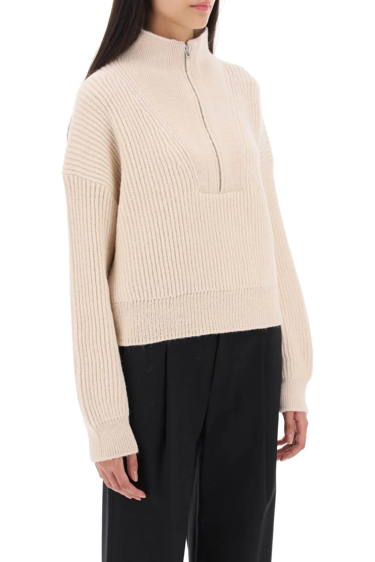 Cropped Sweater With Partial Zipper Placket