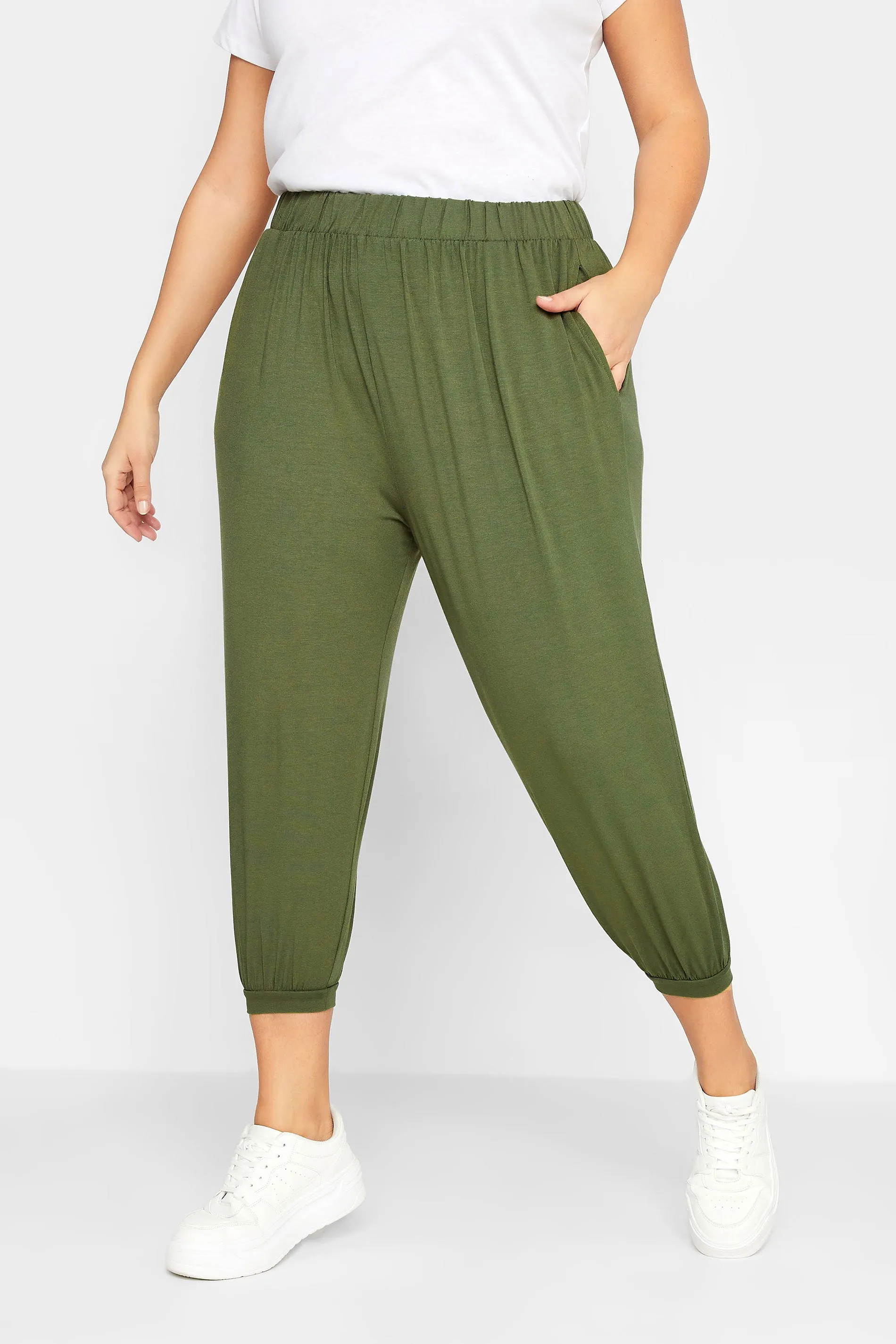 Curve Khaki Green Cropped Jersey Harem Joggers