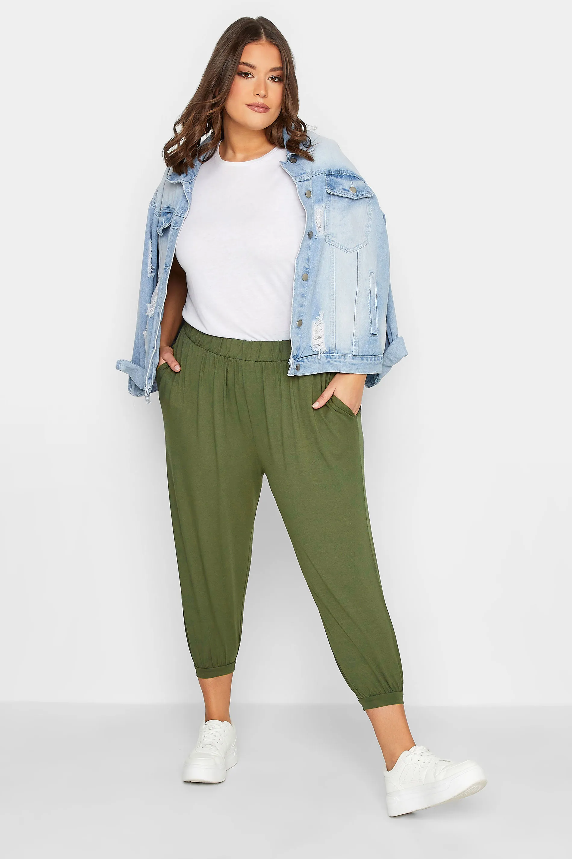 Curve Khaki Green Cropped Jersey Harem Joggers