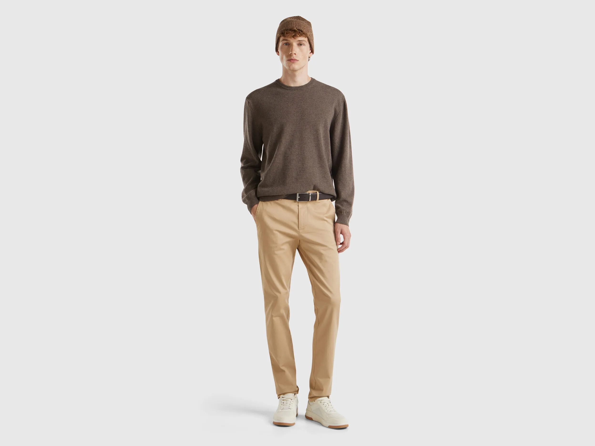 Dark brown crew neck sweater in pure Merino wool - Dark Brown | Benetton