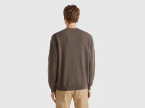 Dark brown crew neck sweater in pure Merino wool - Dark Brown | Benetton