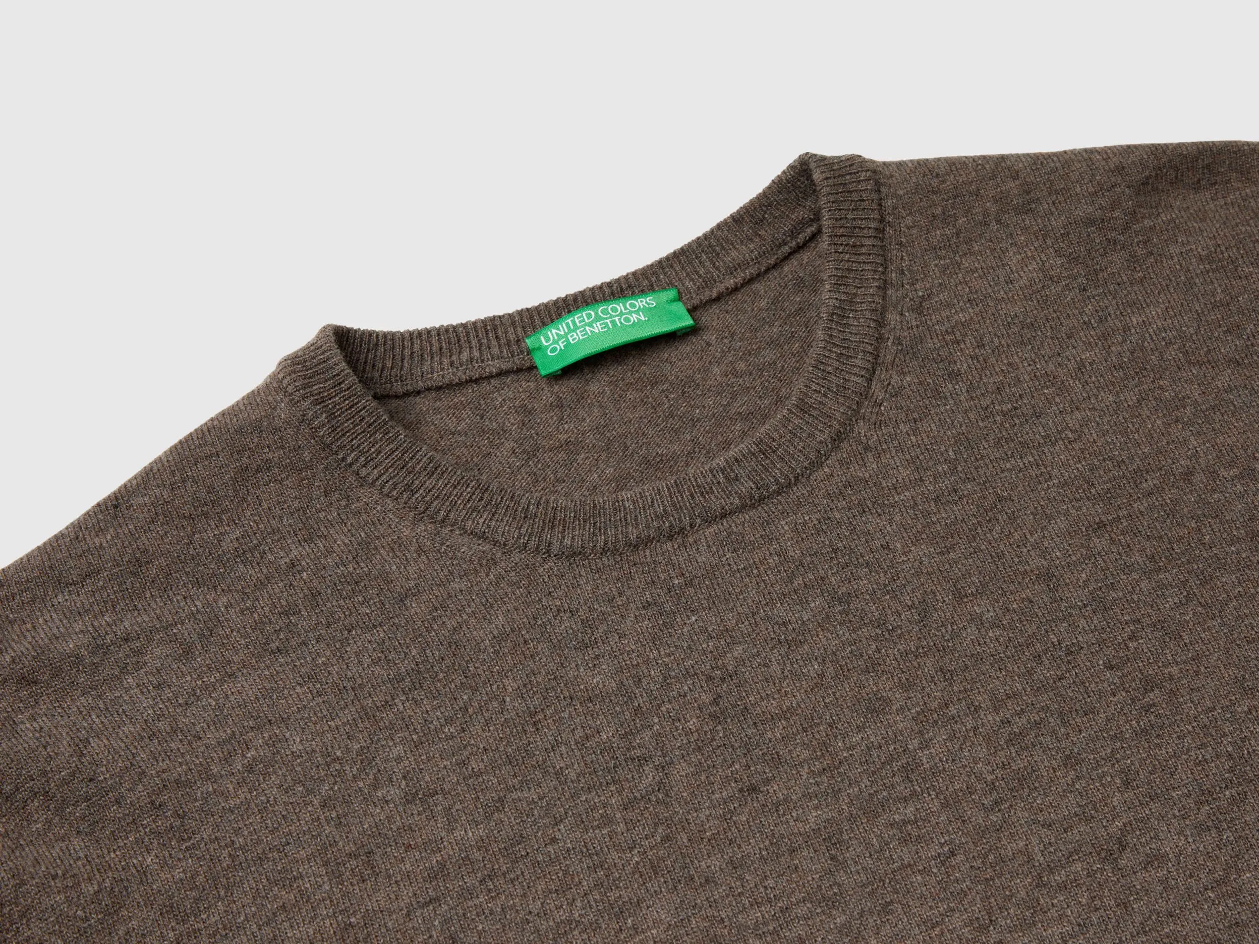 Dark brown crew neck sweater in pure Merino wool - Dark Brown | Benetton