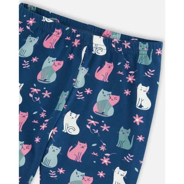 Deux par Deux Kitten Print Leggings, Navy Blue