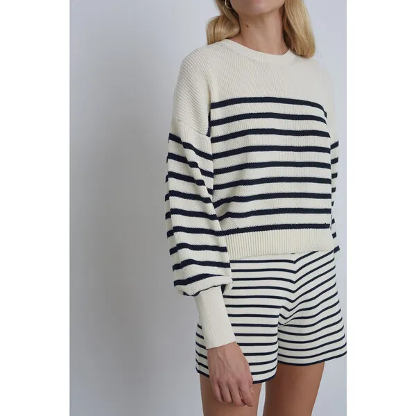 Eleven Six Women's Lea Double-Knit Stripe Short, Ivory & Navy