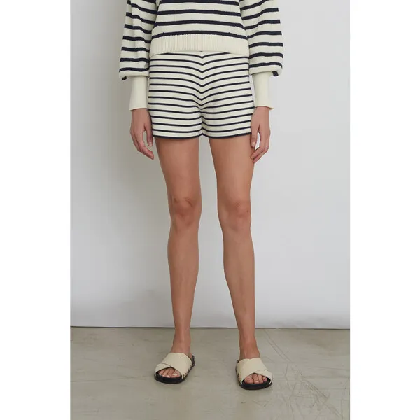 Eleven Six Women's Lea Double-Knit Stripe Short, Ivory & Navy