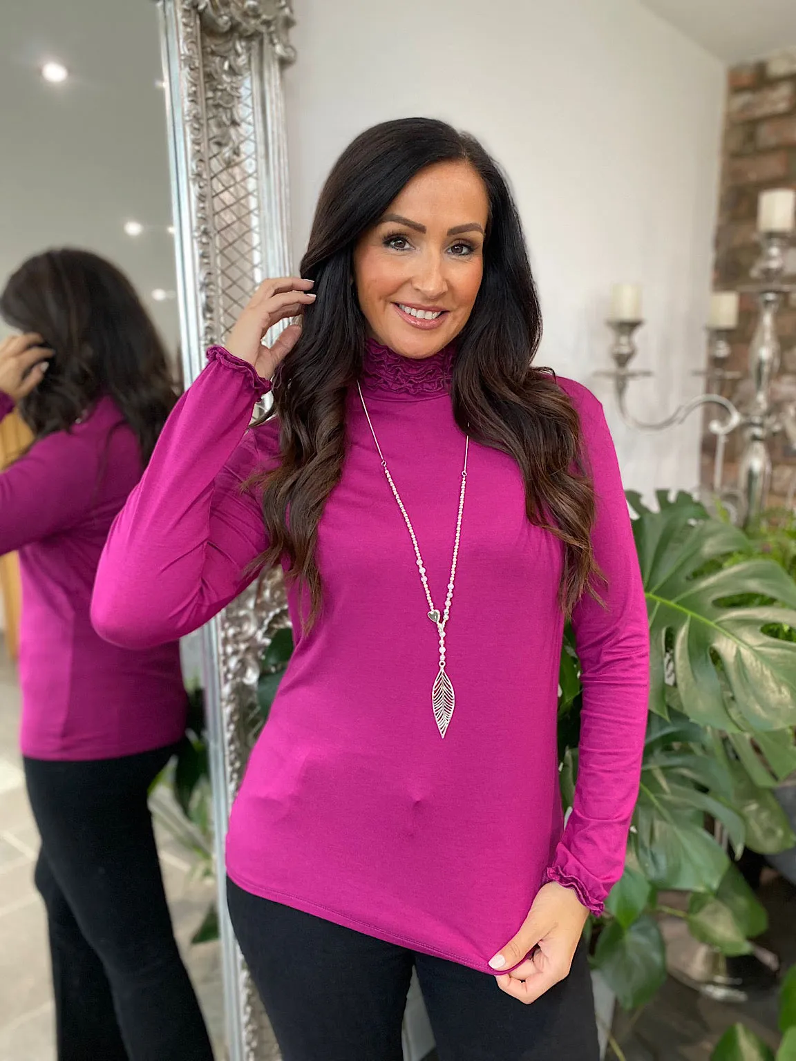 Grape Ruffle Roll Neck Top Regan