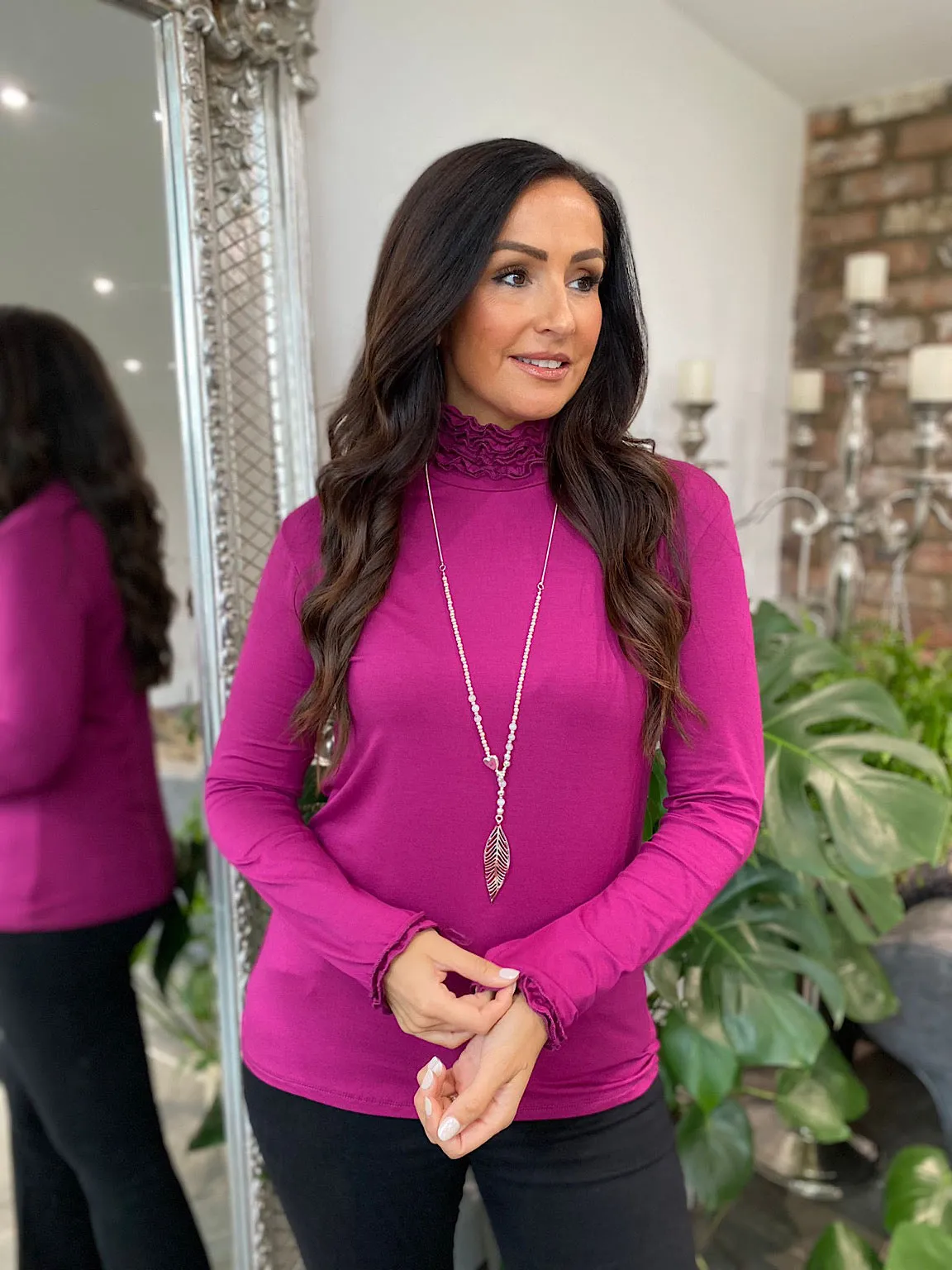 Grape Ruffle Roll Neck Top Regan