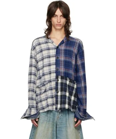 Greg Lauren Multicolor Mixed Plaid Shawl Collar Boxy Shirt