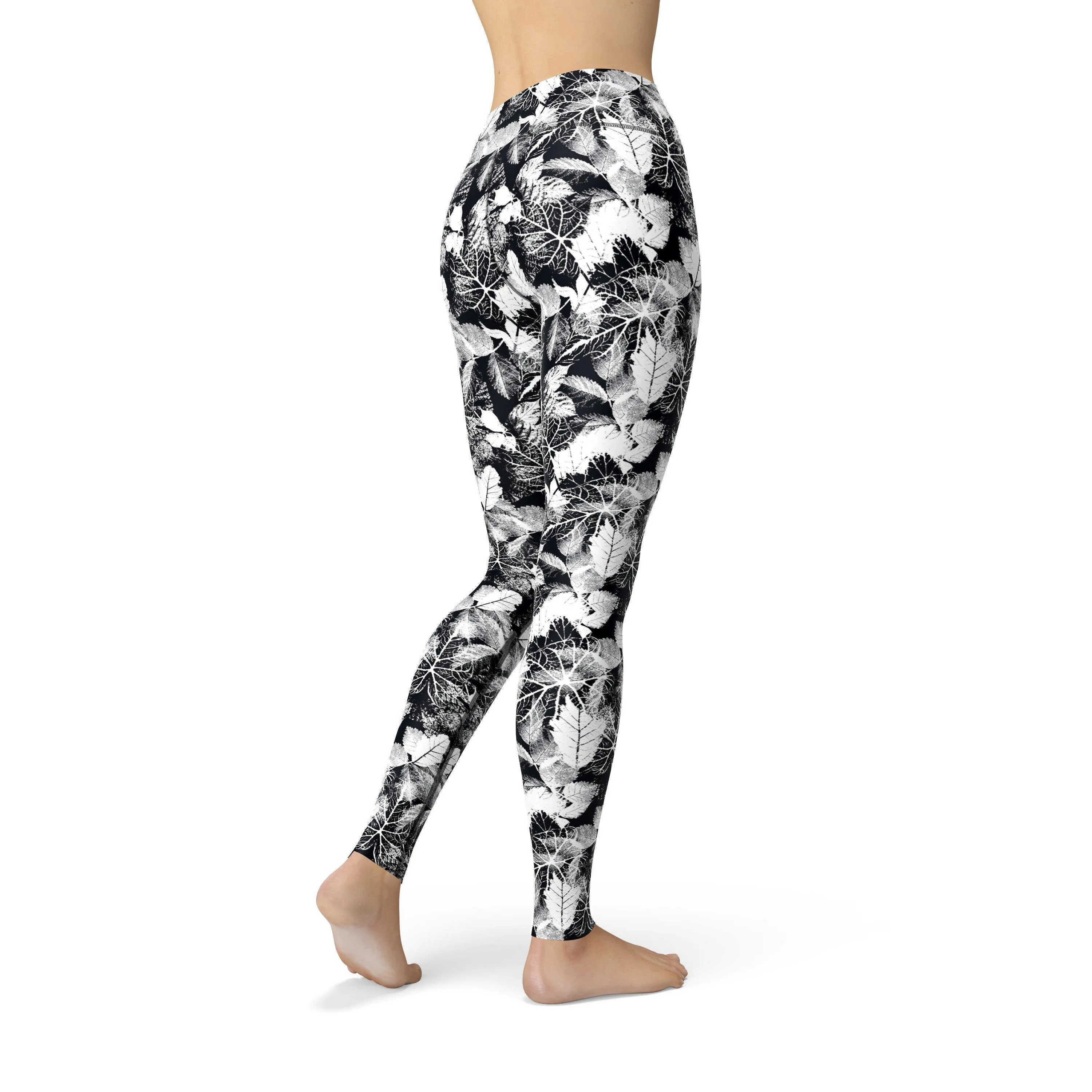 Jean Black White Leaves Leggings