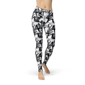 Jean Black White Leaves Leggings