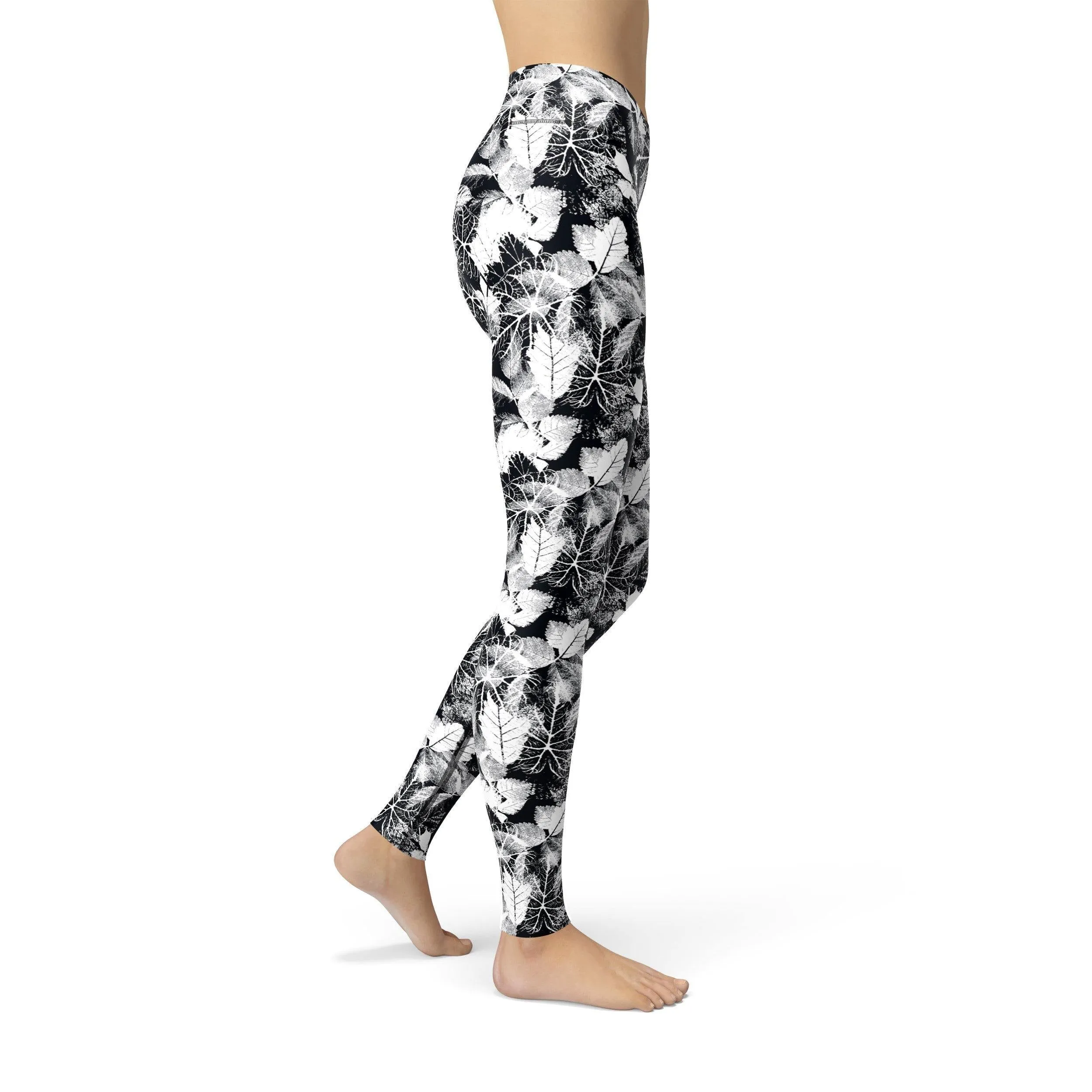 Jean Black White Leaves Leggings