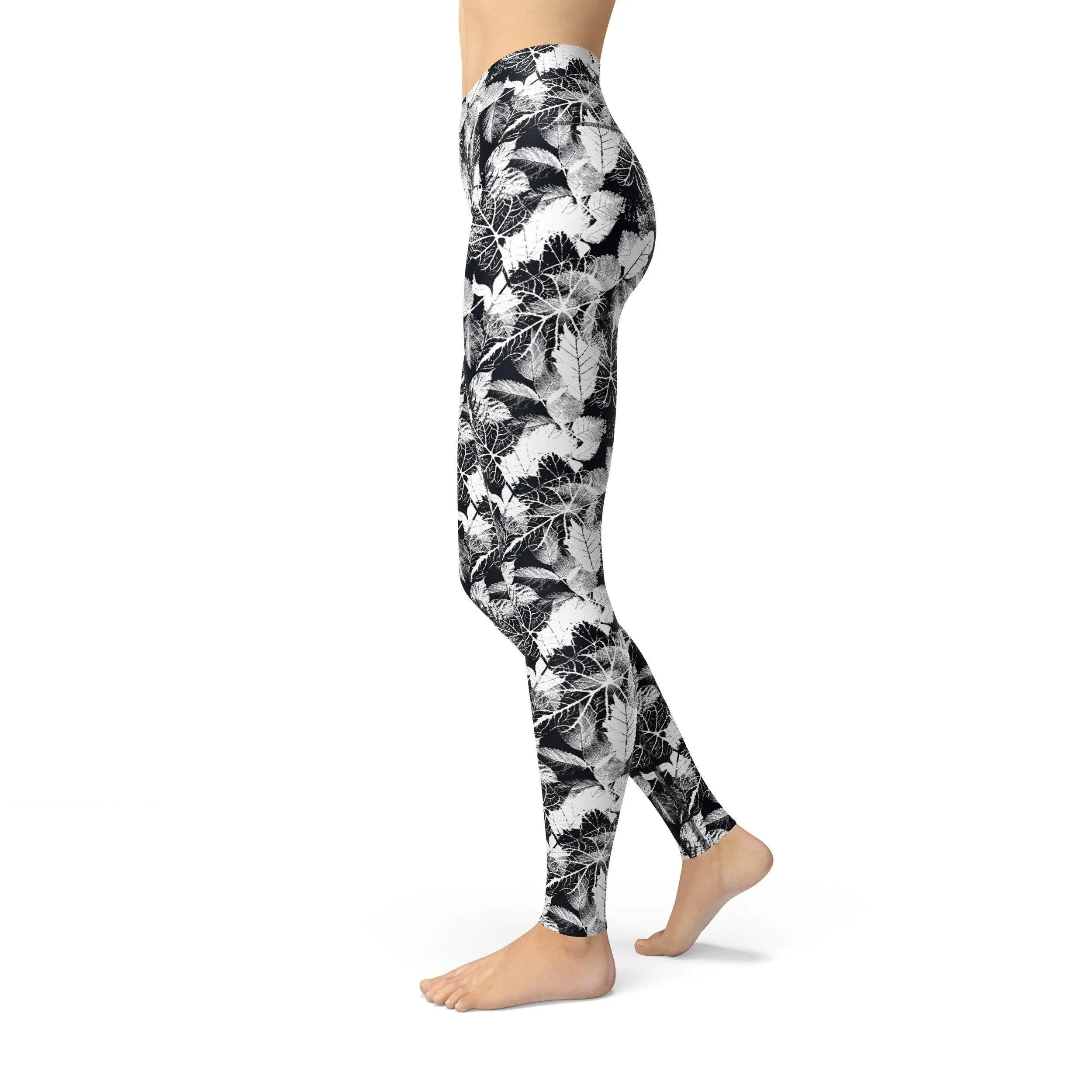 Jean Black White Leaves Leggings