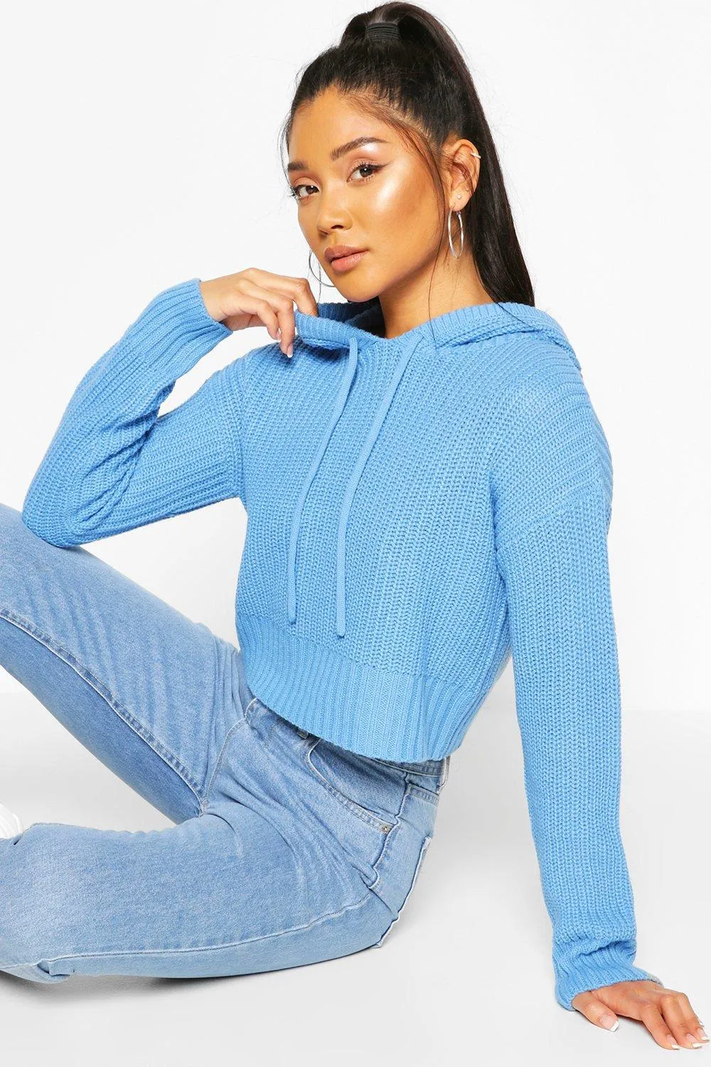 Knitted Hooded Cropped Sweater