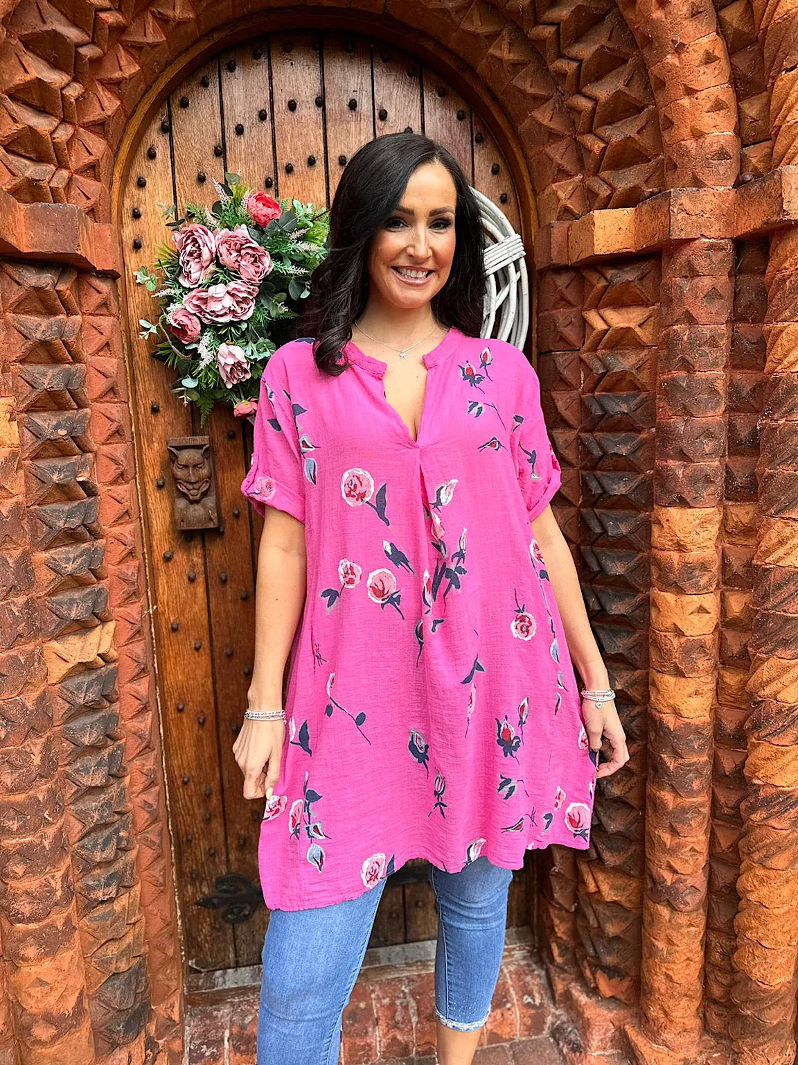 Lipstick Pink Floral Pocket Tunic Sasha