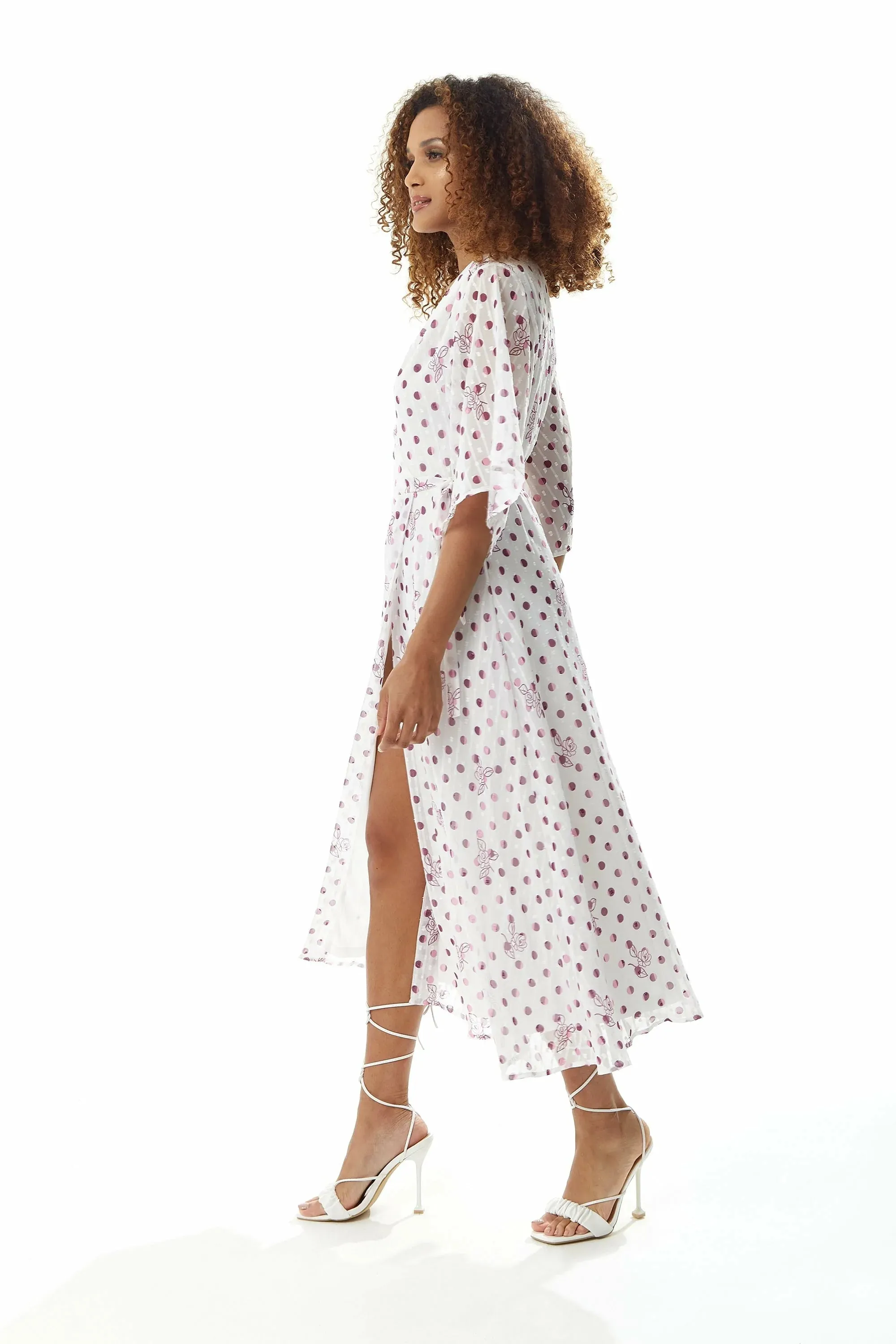 Liquorish Floral Polka Dot Print Midi Wrap Dress White