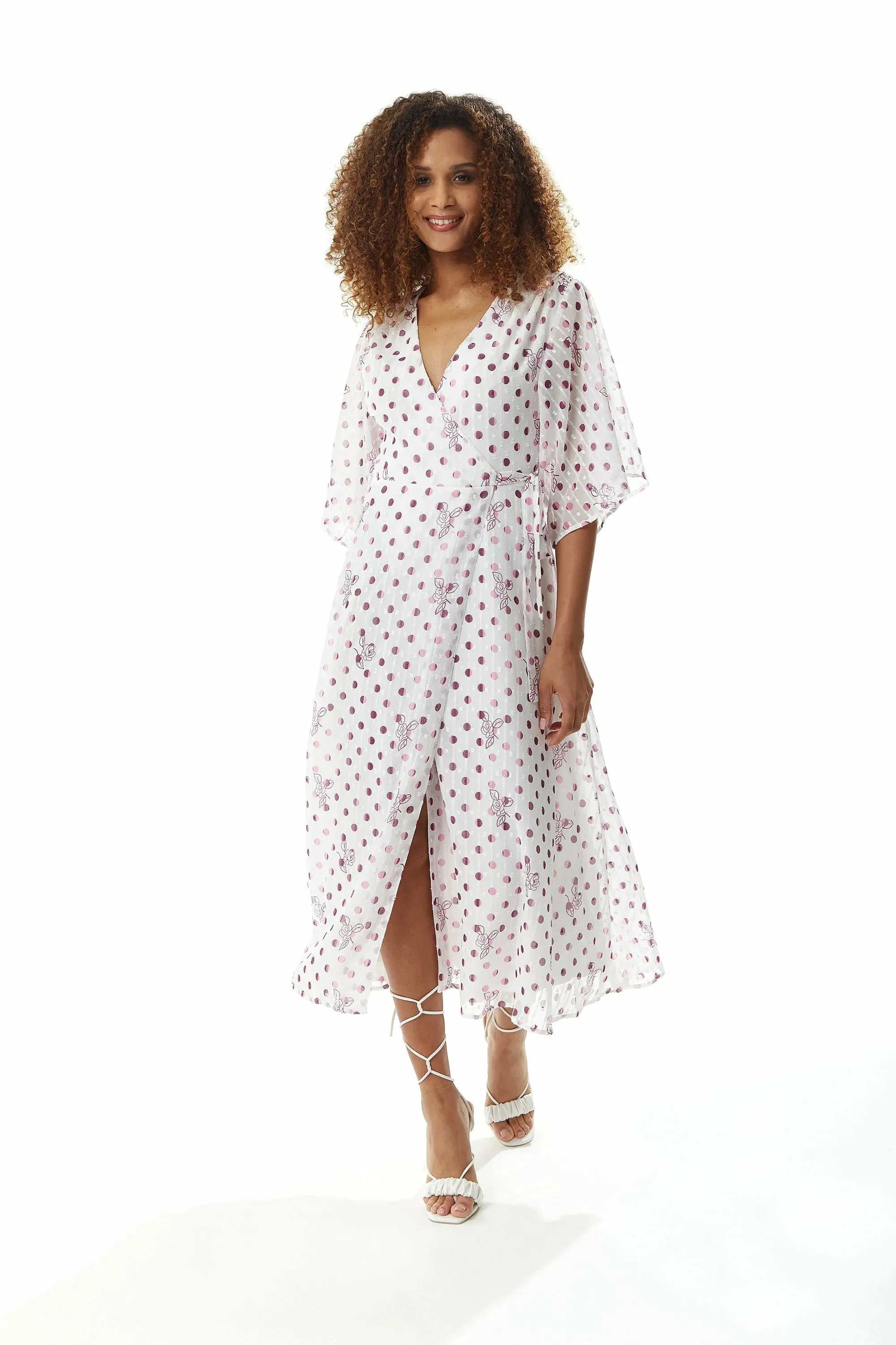 Liquorish Floral Polka Dot Print Midi Wrap Dress White