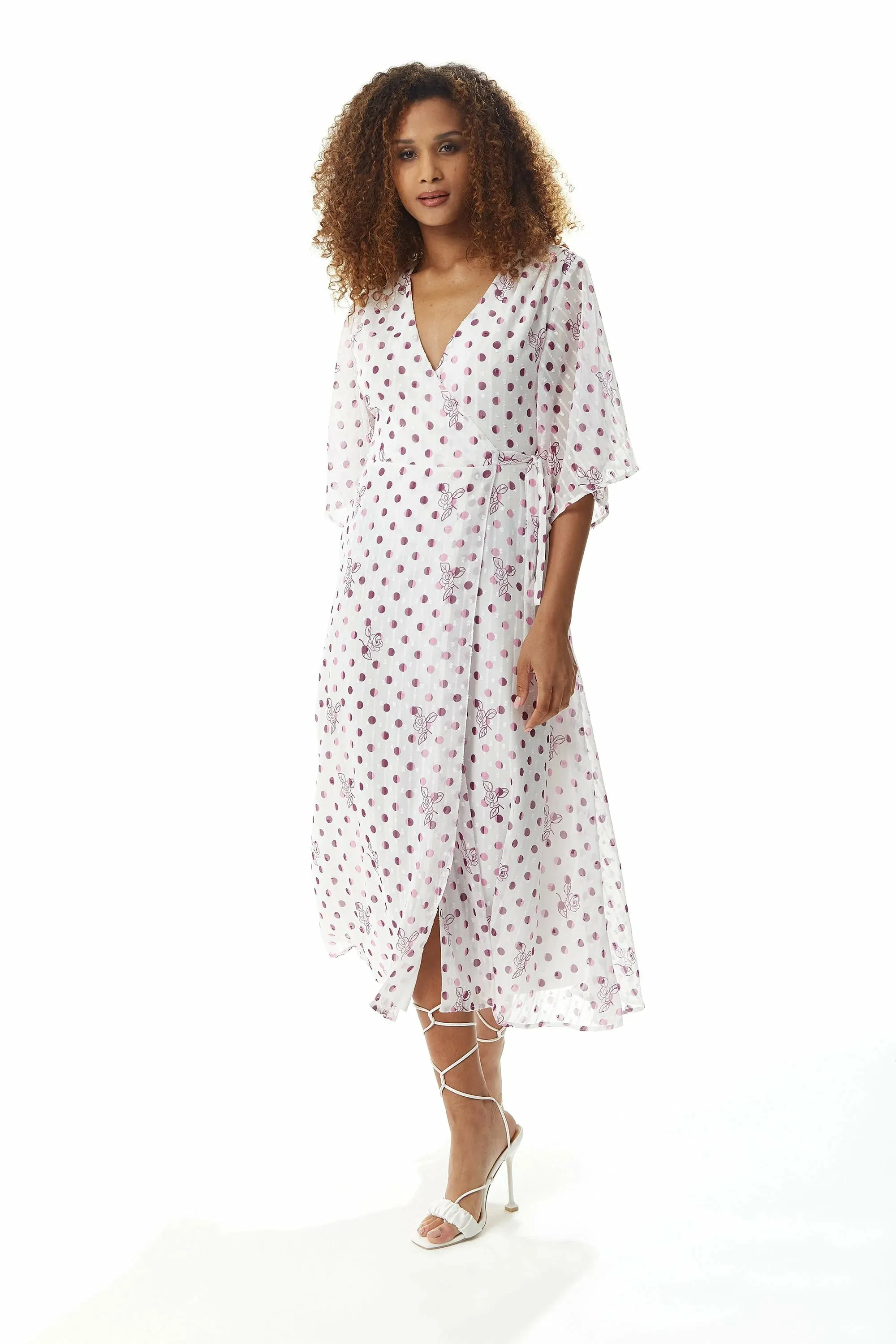 Liquorish Floral Polka Dot Print Midi Wrap Dress White