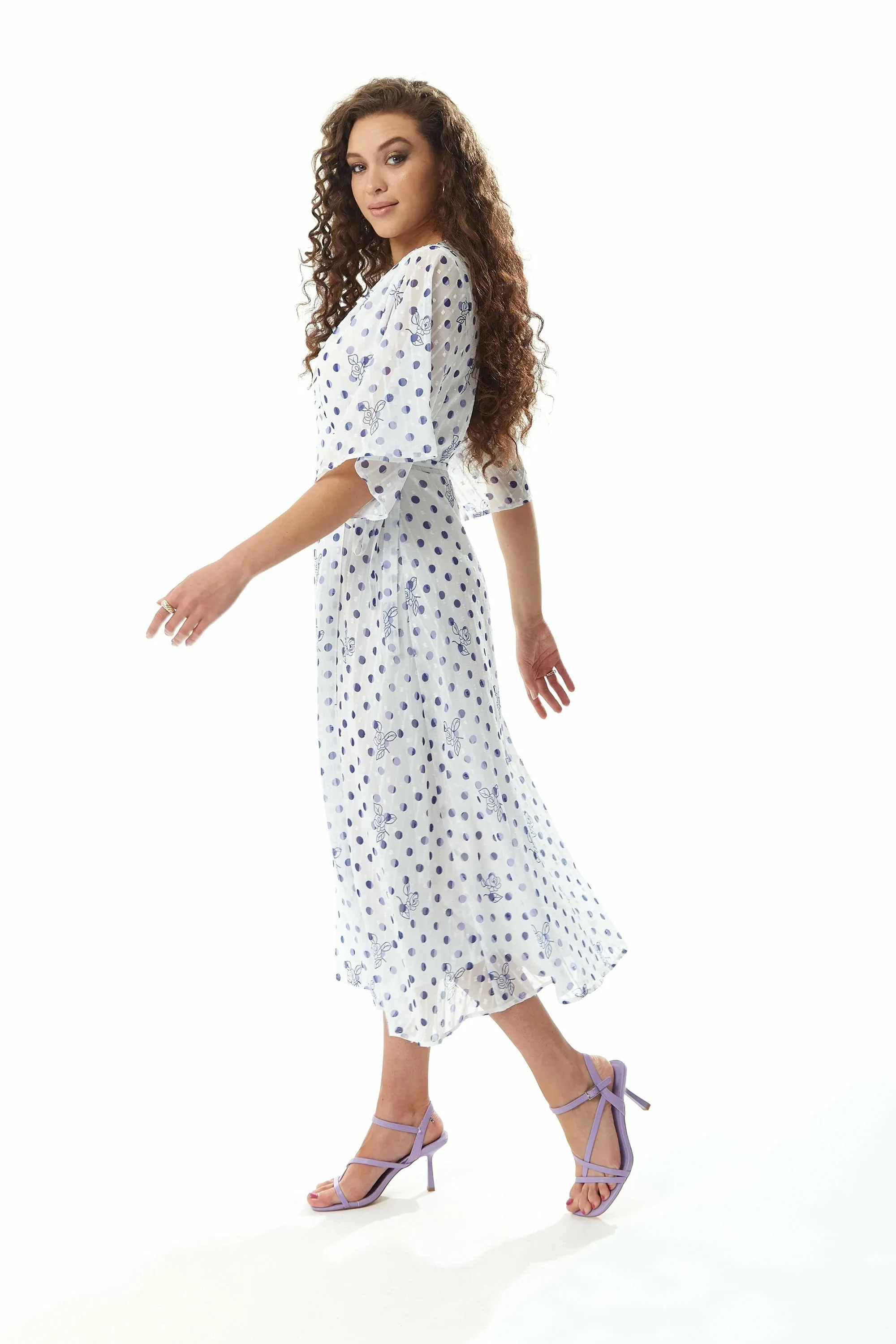 Liquorish Floral Polka Dot Print Midi Wrap Dress White