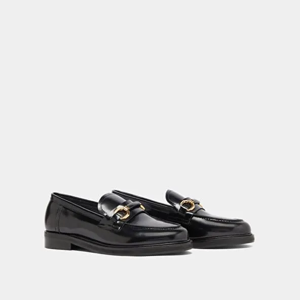 Loafers with gold bits in black glazed leather