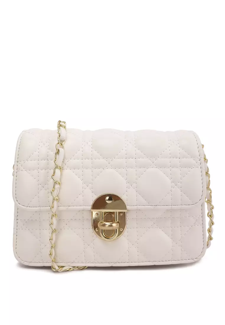 London Rag Quilted Metallic Buckle Clutch Bag in White