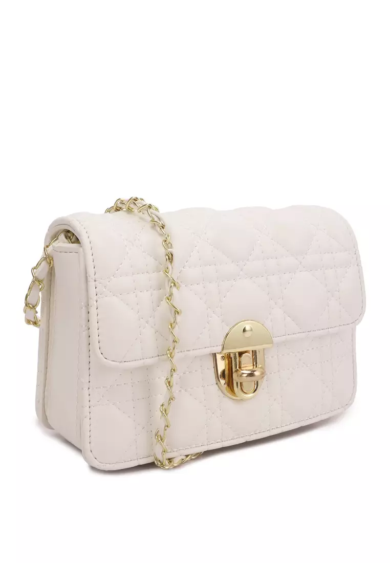 London Rag Quilted Metallic Buckle Clutch Bag in White