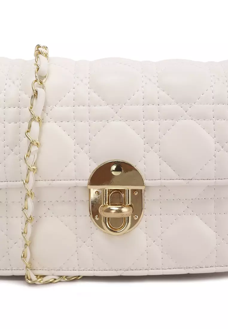 London Rag Quilted Metallic Buckle Clutch Bag in White