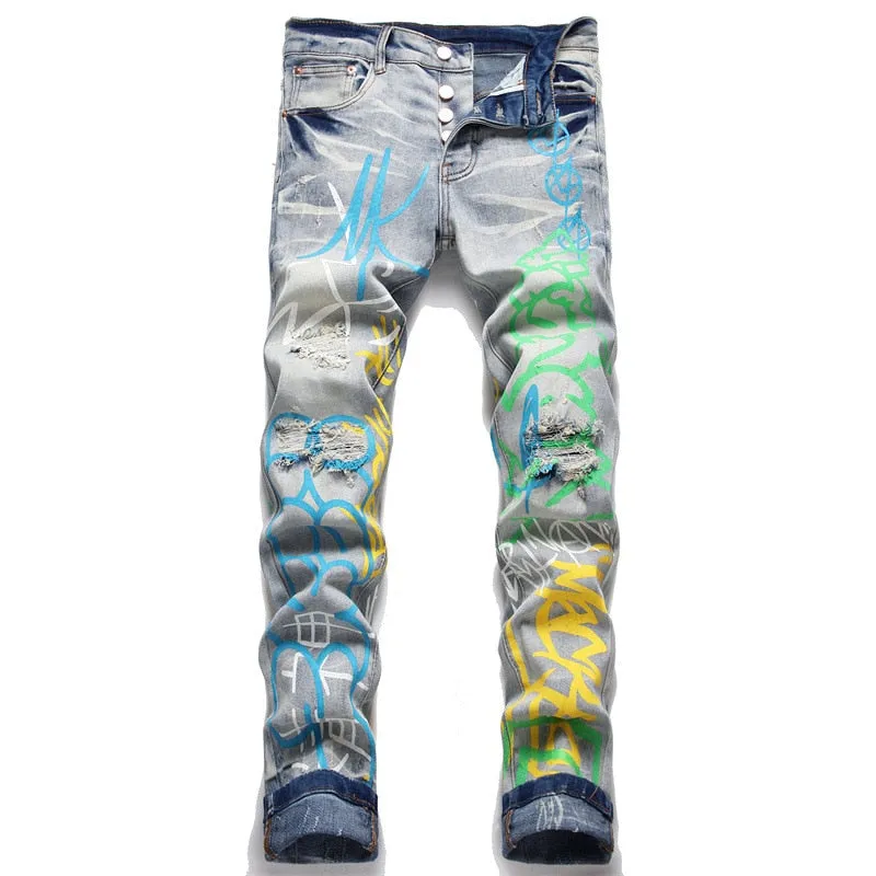 Men's Doodle Print Holes Stretched Ripped Distressed Denim Jeans