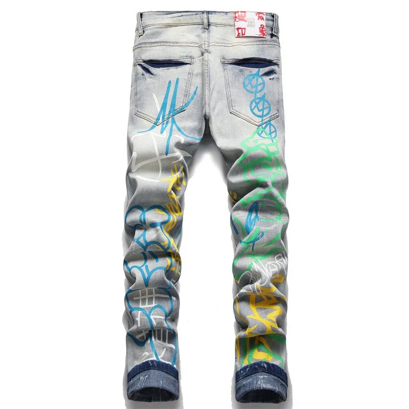 Men's Doodle Print Holes Stretched Ripped Distressed Denim Jeans