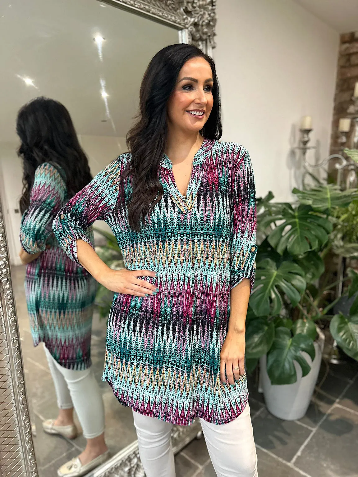 Multicolour Fine Zig Zag Print Tunic Gloria