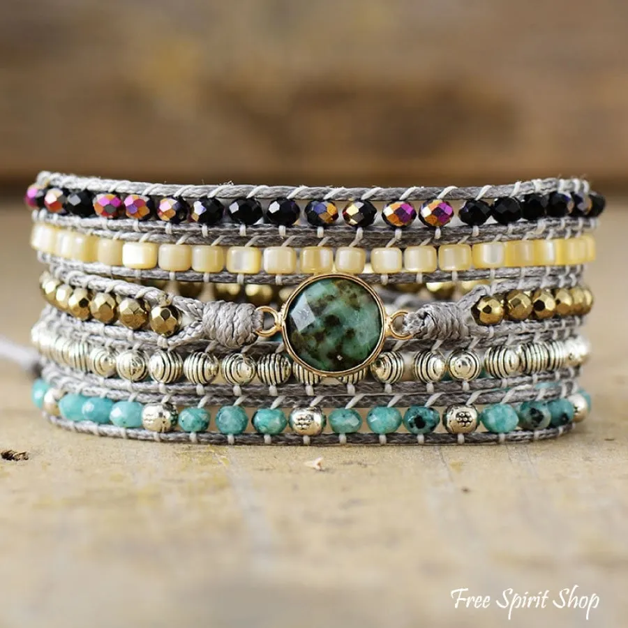 Natural African Turquoise & Seashell Wrap Bracelet