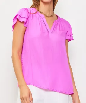 Neck Trim Detail Short Sleeve Top - Rose Violet