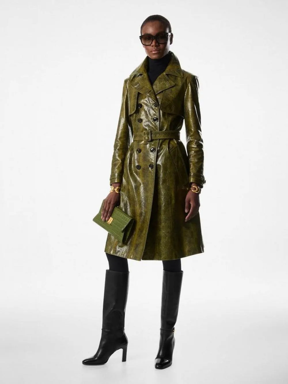 Olive Green Ayers Printed Leather Trench Coat