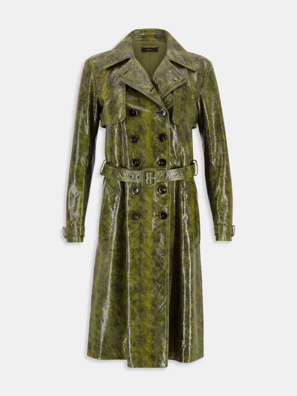 Olive Green Ayers Printed Leather Trench Coat