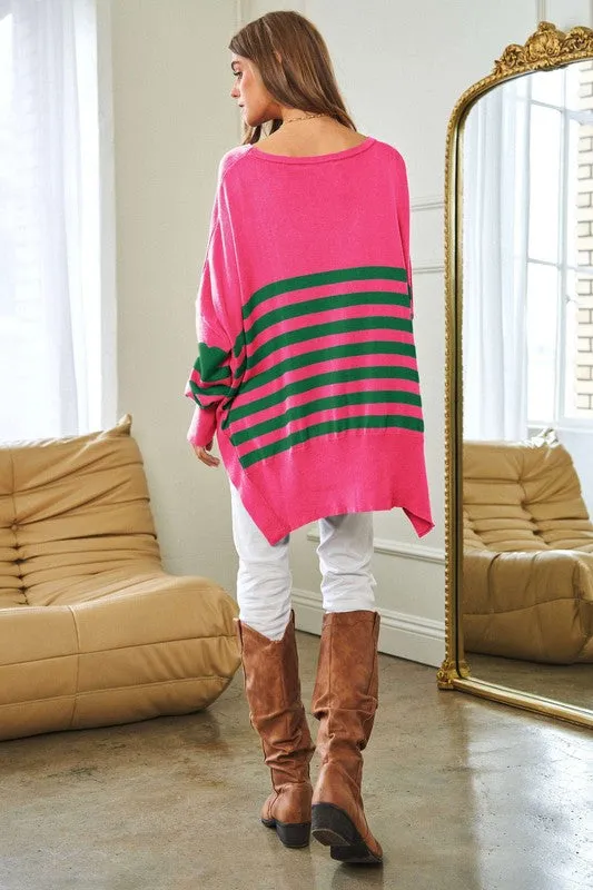 Oversized Pink & Green Elbow Patch Sweater Top